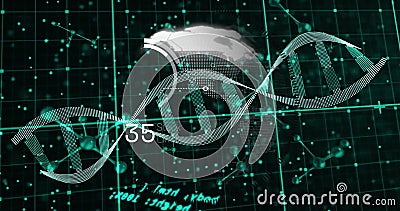 Image of dna strand, data processing over scope scanning on black background Stock Photo