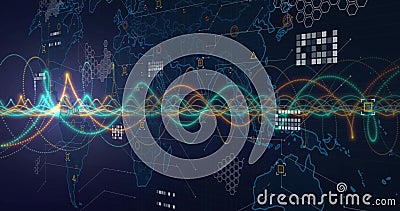 Image of dna strand over world map and data processing Stock Photo