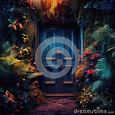 Image of a door with plants, Style of dark, colorful dreams, AI generated Stock Photo