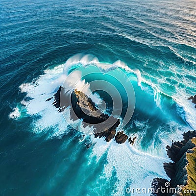 image drone top view of seascape ocean wave crashing rocky cliff with sunset at the horizon as Beautiful coastal Cartoon Illustration