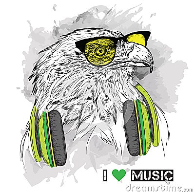 The image of the eagle in the glasses and headphones. Vector illustration. Vector Illustration