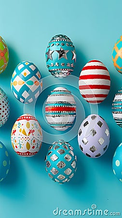 image Easter themed eggs on blue with turquoise, silver accents Stock Photo