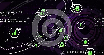 Image of eco icons, digital data processing over scope scanning Stock Photo