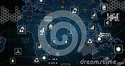 Image of eco icons, markers and data processing over world map Stock Photo