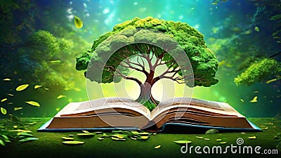 Growing Wisdom: Tree Sprouting from the Pages of Knowledge Stock Photo