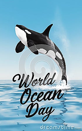 Dancing Waves: Orca Celebrating World Ocean Day in Watercolor Stock Photo
