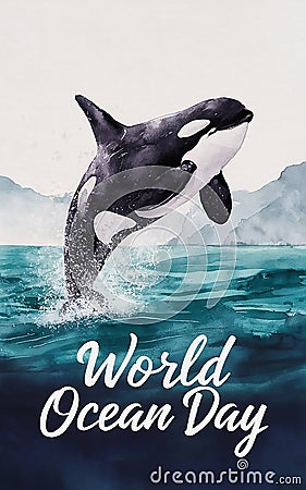 Dancing Waves: Orca Celebrating World Ocean Day in Watercolor Stock Photo