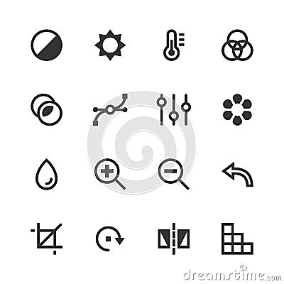 Image editing vector icons. Contrast, brightness, hue, color, filter, curve, levels symbols Vector Illustration