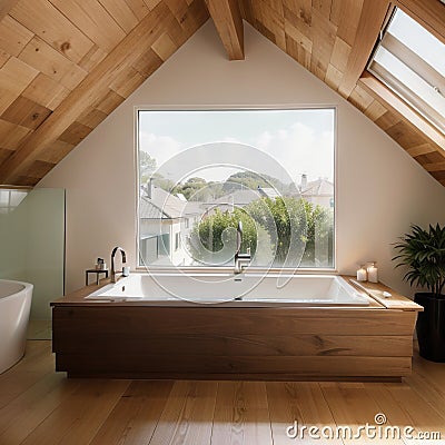 Elegant attic bathroom with stylish bathtub wooden floor and balcony door Stock Photo