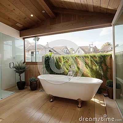 Elegant attic bathroom with stylish bathtub wooden floor and balcony door Stock Photo