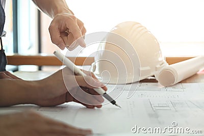 Image of engineer or architectural project, Close up of hands ar Stock Photo