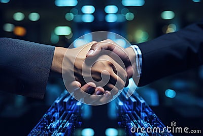 Image of enterprise collaboration, two people shaking hands. Generative AI Stock Photo