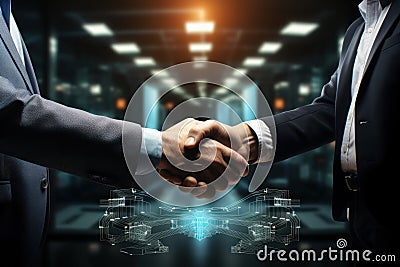 Image of enterprise collaboration, two people shaking hands. Generative AI Stock Photo