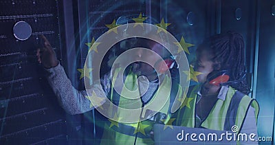 Image of european stars and data processing over diverse it engineers by computer servers Stock Photo