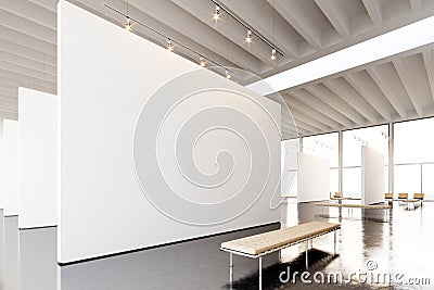 Image exposition modern gallery,open space.Blank white empty canvas hanging contemporary art museum.Interior loft style Stock Photo