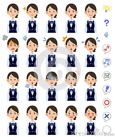 20 expressions of working women in blue ribbon uniforms Vector Illustration