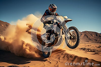 Image Extreme motocross jumping in the desert, rear view perspective Stock Photo