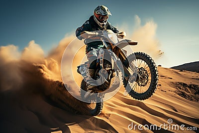 Image Extreme motocross jumping in the desert, rear view perspective Stock Photo