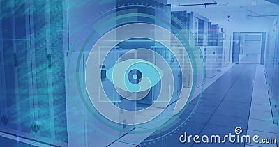 Image of eye icon and digital data processing over computer servers Stock Photo