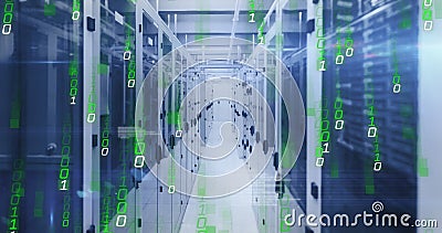 Image of falling binary codes and computer language over server room Stock Photo