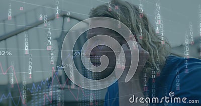Image of falling binary codes, graphs, changing numbers, caucasian man adjusting headphones Stock Photo