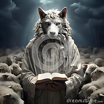 image of false wolf disguises in sheep's skin, leading a flock of sheep. Stock Photo