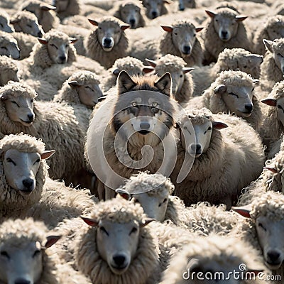 image of false wolf disguises in sheep's skin, leading a flock of sheep. Stock Photo