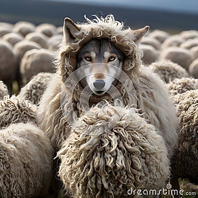 image of false wolf disguises in sheep's skin, leading a flock of sheep. Stock Photo