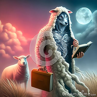 image of false wolf disguises in sheep's skin, leading a flock of sheep. Stock Photo