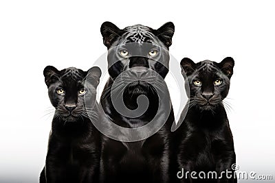 Image of family group of black panther on white background. Wildlife Animals. Illustration, Generative AI Stock Photo