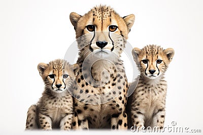 Image of family group of cheetahs on white background. Wildlife Animals. Illustration, Generative AI Stock Photo