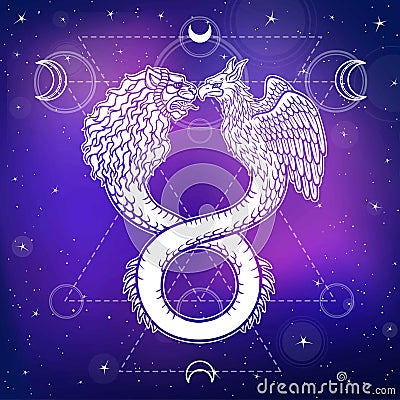 Image of fantastic animal ouroboros with a body of a snake and two heads of a lion and a bird. Vector Illustration