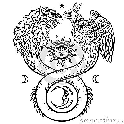 Image of fantastic animal ouroboros with a body of a snake and two heads of a lion and a bird. Symbols of the moon and sun. Vector Illustration