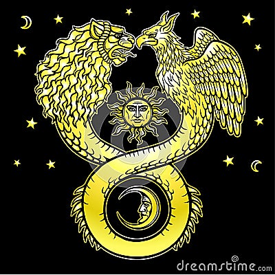 Image of fantastic animal ouroboros with a body of a snake and two heads of a lion and a bird. Vector Illustration