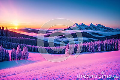 Fantastic pink evening landscape glowing by sunlight. Dramatic wintry scene with snowy house. Carpathians, Stock Photo