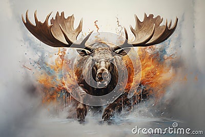 Image of fantasy of deer moose and flames and smog. Wildlife Animals. Illustration, Generative AI Stock Photo