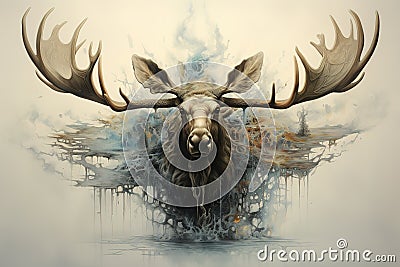 Image of fantasy of deer moose and flames and smog. Wildlife Animals. Illustration, Generative AI Stock Photo