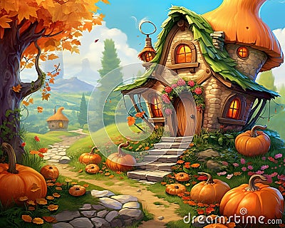 The punpkin house is in the garden in autumn. Cartoon Illustration