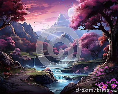 picture of fantsy choclate river land with milk and flowers. Stock Photo