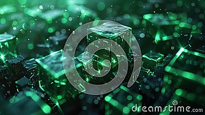 The image features abstract cubes with an emerald glow, creating a sense of technological structure Stock Photo