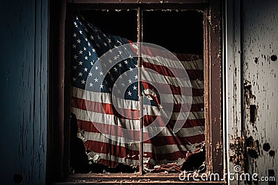 American flag in the window of an old abandoned building. The concept of war and political conflicts. Stock Photo