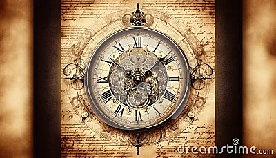 Vintage Steampunk Clock Wallpaper, AI Generated Stock Photo