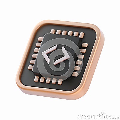 Black Microchip Icon with Gold Edges and Coding Symbol for Technology and Programming Concepts Cartoon Illustration