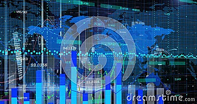 The image features a blue world map with various data points, a graph, and statistics on a colorful Stock Photo