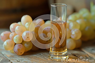 Close-Up of Golden Wine in a Tall Glass Beside Fresh Grapes on a Rustic Wooden Surface - Perfect for Winery and Gourmet Themes Stock Photo