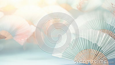 Elegant Pastel Hand Fans on Soft Blue Background, AI Generated Stock Photo