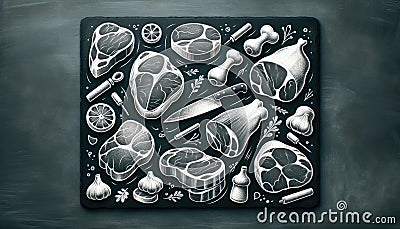 Chalkboard Art of Butcher Cuts and Cooking Ingredients, AI Generated Cartoon Illustration