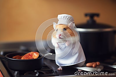 Hamster Chef Cooking with Miniature Frying Pan Stock Photo