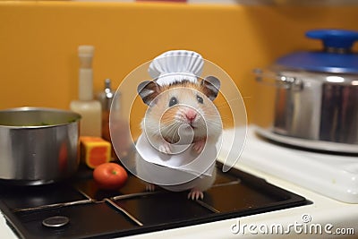 Hamster Chef Cooking with Miniature Frying Pan Stock Photo