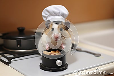 Hamster Chef Cooking with Miniature Frying Pan Stock Photo